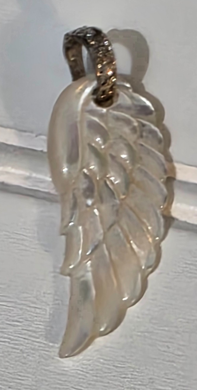2" Carved Angel Wing Sterling Silver Pendant Mother of Pearl 925